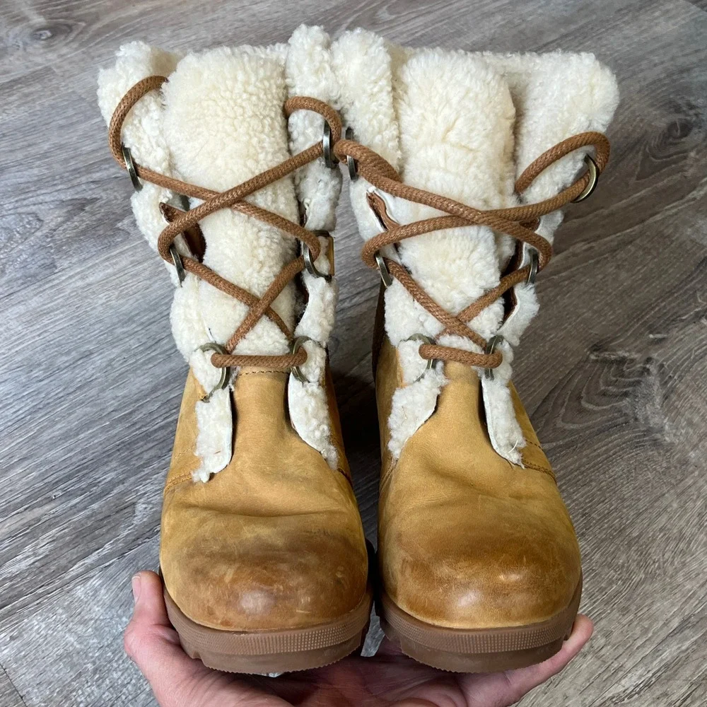 Sorel Joan of Arctic Wedge II Shearling Boots Camel Brown NL3021-224 Womens 8.5